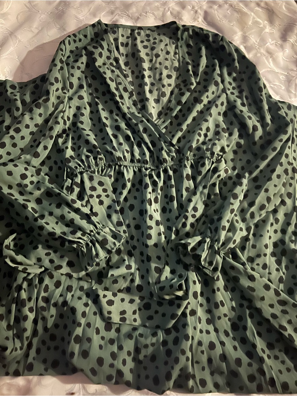 Women’s Long Sleeve Green Polka Dot Wrap Dress